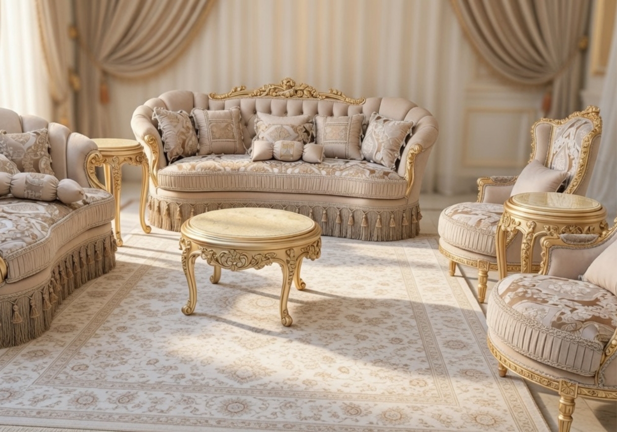 Grand Traditional Living Room Set | Luxury Gold-Leaf & Tufted Cream Velvet