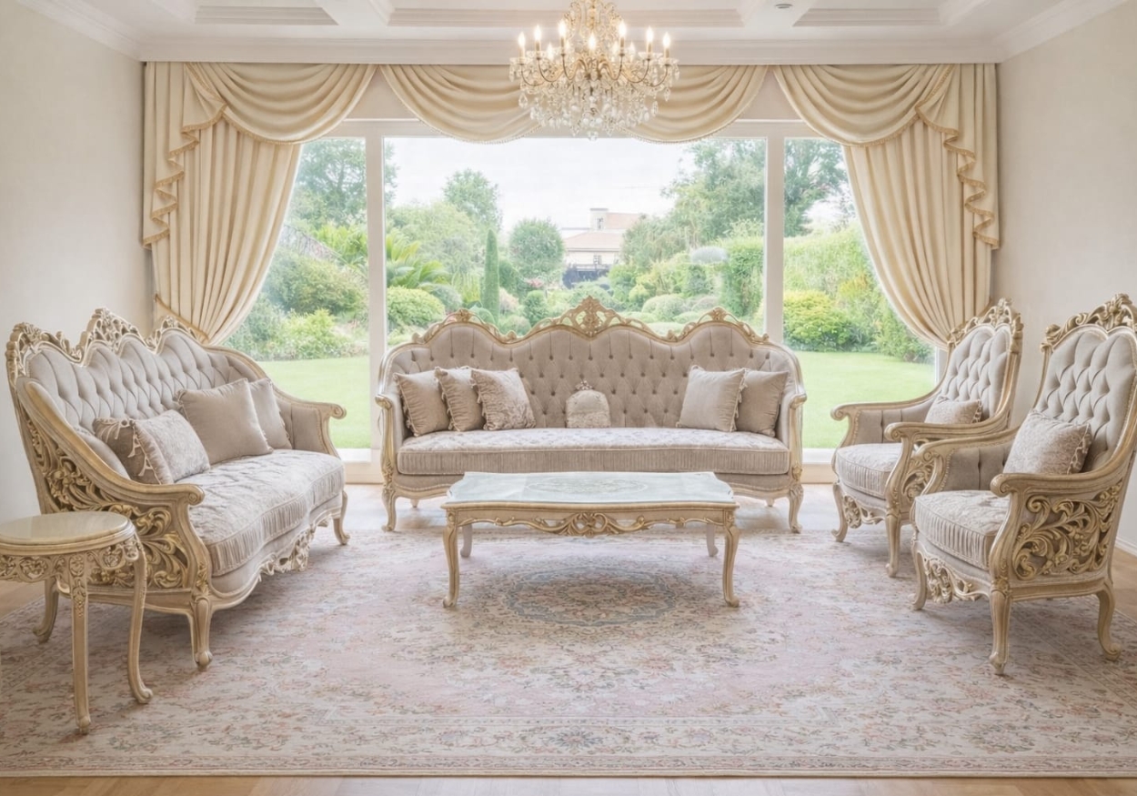Hand-Carved Ivory & Champagne Gold Silhouettes with Luxury Floral Tapestry Upholstery