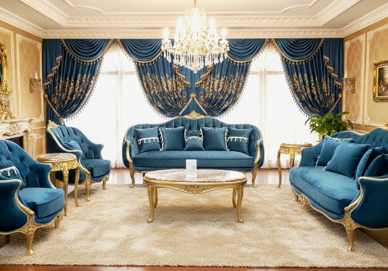 Luxury Deep Teal Velvet Sofa Set with Elegant Gold Trim