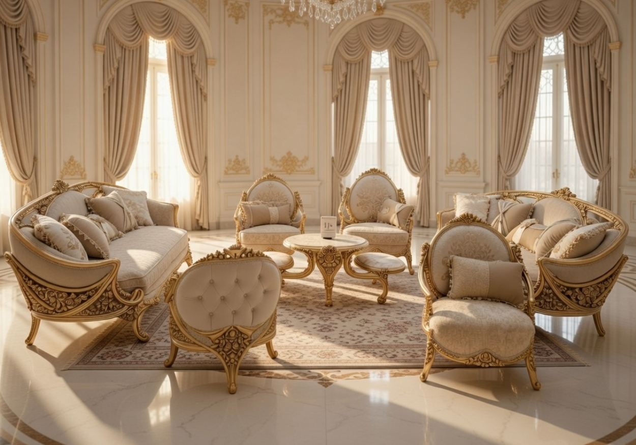 Luxury Traditional Living Room Set | Elite Antique Gold & Curved Royal Sofas