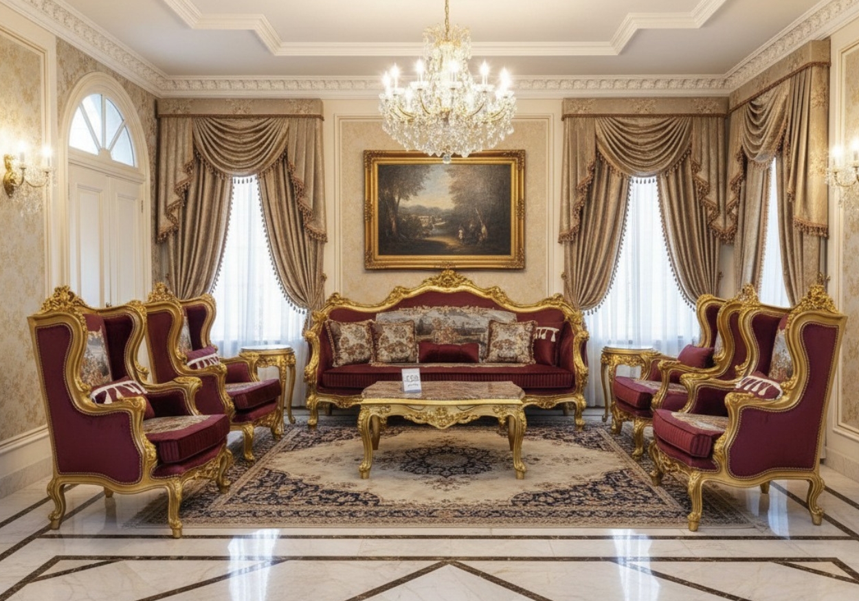 Majestic Burgundy Velvet & Gold Gilded Victorian Sofa Set