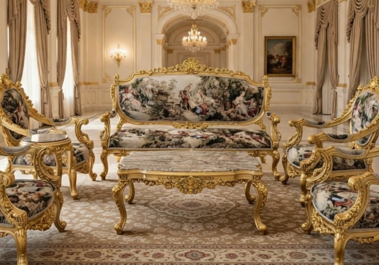 Majestic Traditional Living Room Set | Imperial Gold-Leaf & Baroque Curved Sofas