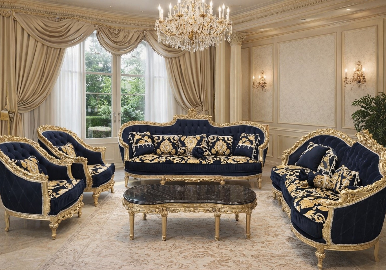 Midnight Blue Velvet Baroque Sofa Set with Intricate Gold Brocade