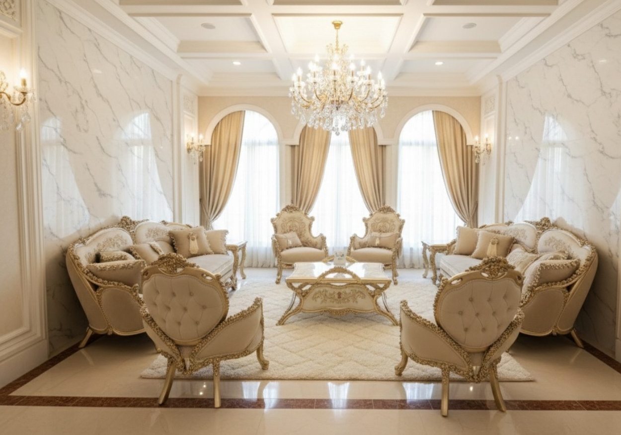 Midnight Blue Velvet Baroque Sofa Set with Intricate Gold Brocade