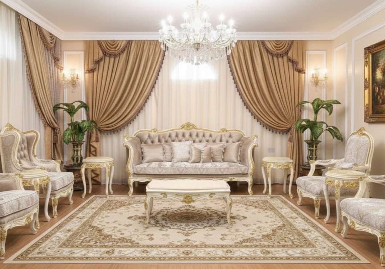 Ornate Sculpted Gold-Trimmed Seating in Royal Blue & Pearl White Arrangement