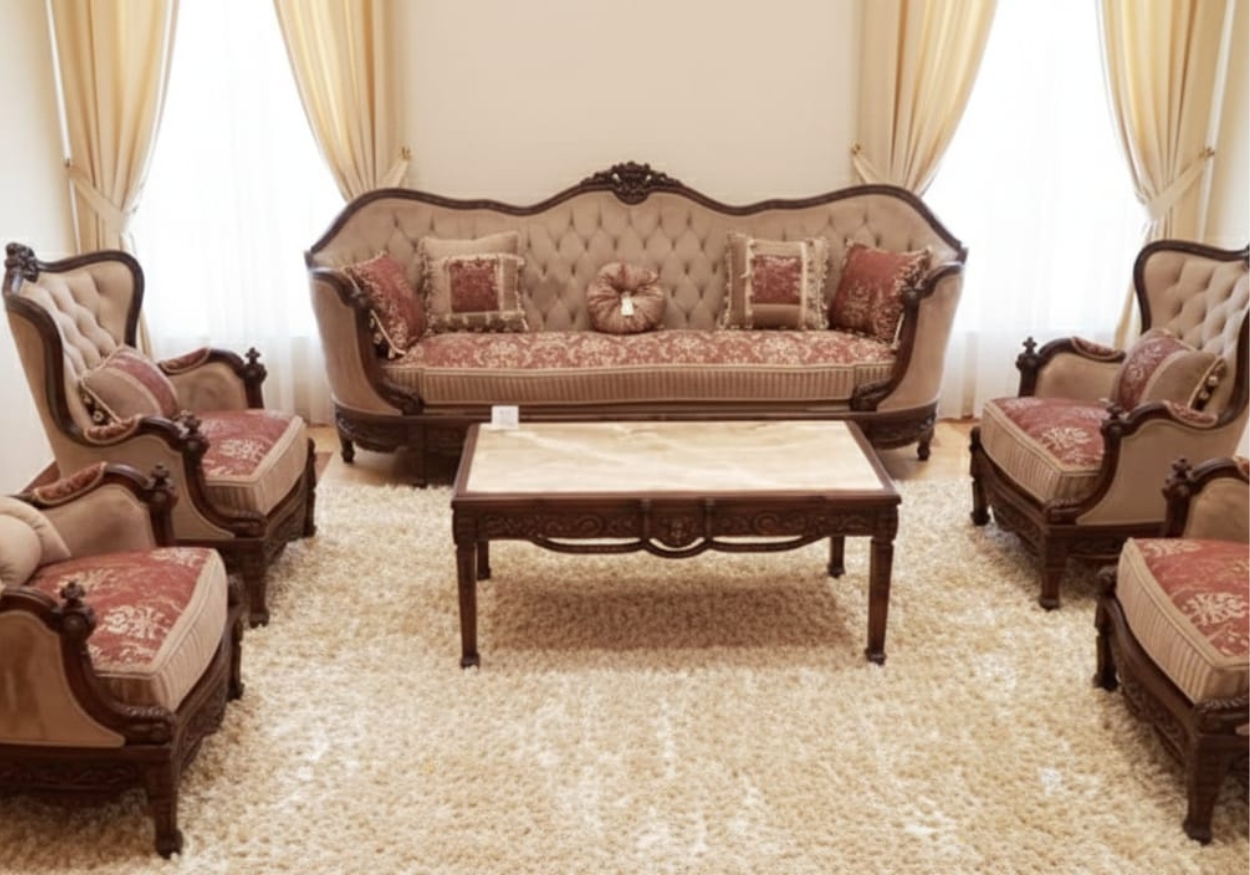 Premium Traditional Living Room Collection | Ornate Tufted Fabric & Wood