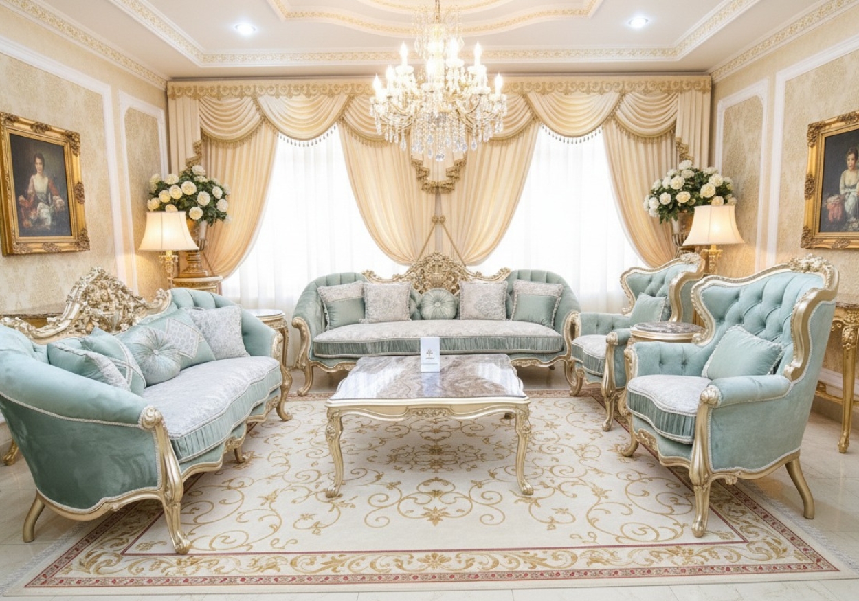 Royal Mint Green & Gold Victorian Sofa Set with Ornate Carvings