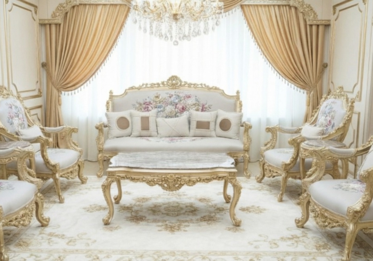 Royal Mint Green & Gold Victorian Sofa Set with Ornate Hand-Carvings