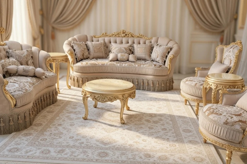 Grand Traditional Living Room Set | Luxury Gold-Leaf & Tufted Cream Velvet