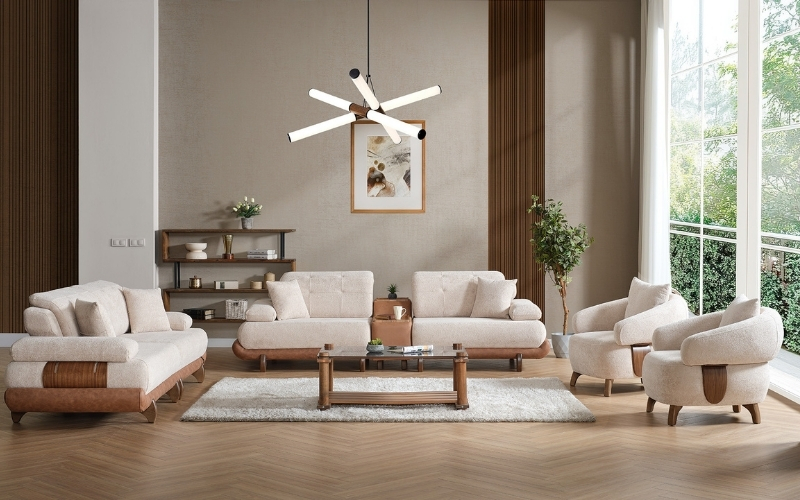 Alexa 4-pieces (Sofa & Module Sofa & 2 Chair) Livingroom Set Cream