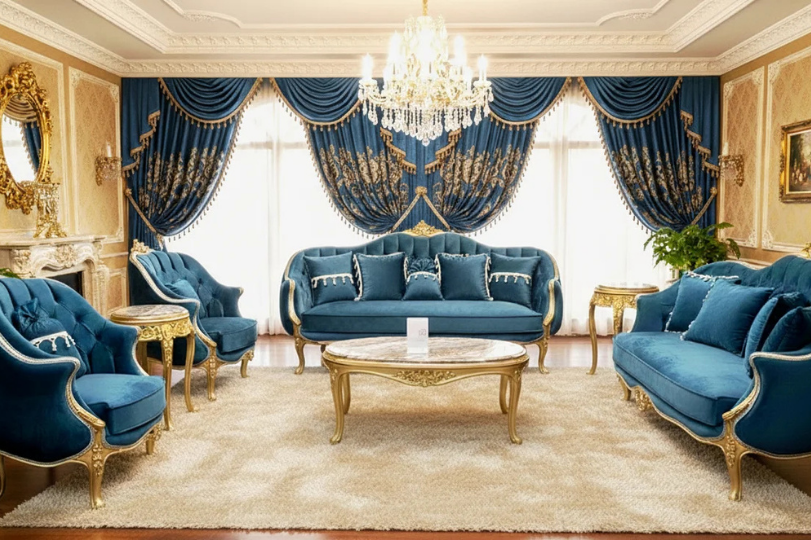 Luxury Deep Teal Velvet Sofa Set with Elegant Gold Trim