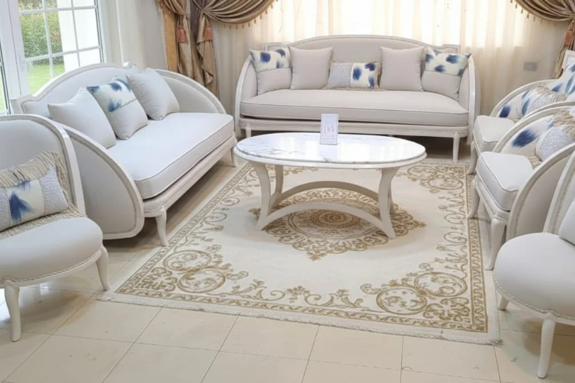 Luxury Modern White Curved Sofa Set with Marble Top Coffee Table