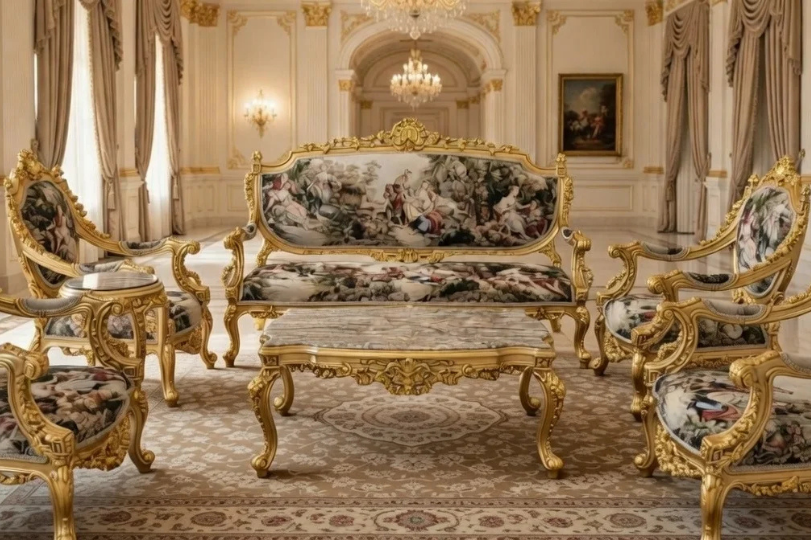 Majestic Traditional Living Room Set | Imperial Gold-Leaf & Baroque Curved Sofas