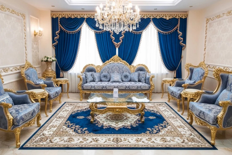 Ornate Blue Patterned Victorian Sofa Set with Heavy Gold Gilding