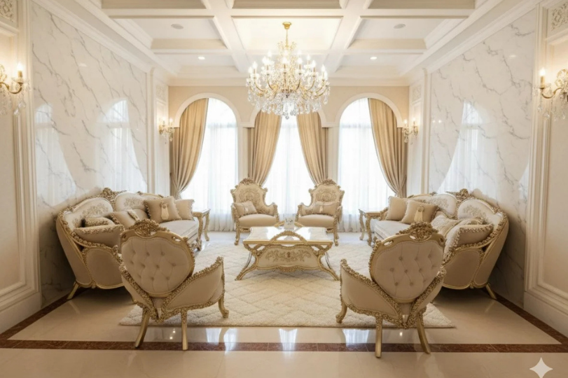 Midnight Blue Velvet Baroque Sofa Set with Intricate Gold Brocade