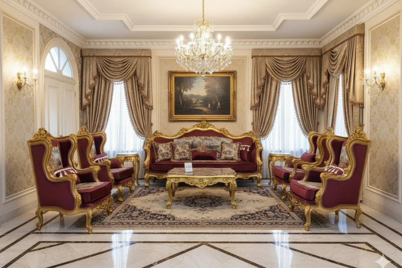 Majestic Burgundy Velvet & Gold Gilded Victorian Sofa Set
