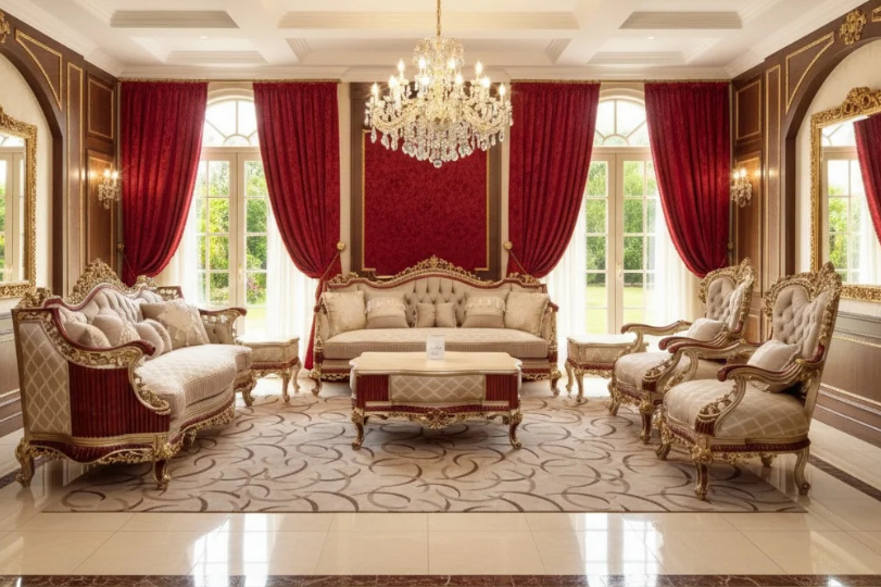 Classic Champagne & Gold Luxury Sofa Set for Formal Drawing Rooms