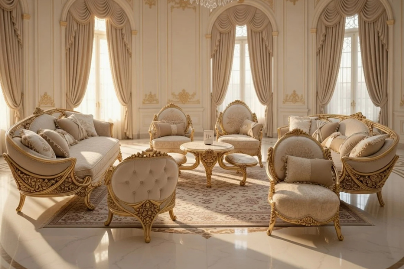 Luxury Traditional Living Room Set | Elite Antique Gold & Curved Royal Sofas