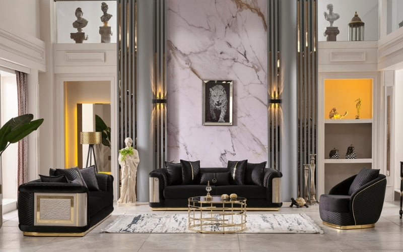 Elegance 3-pieces (Sofa & Loveseat & Chair) Livingroom Set Black Fast Delivery New Fabric