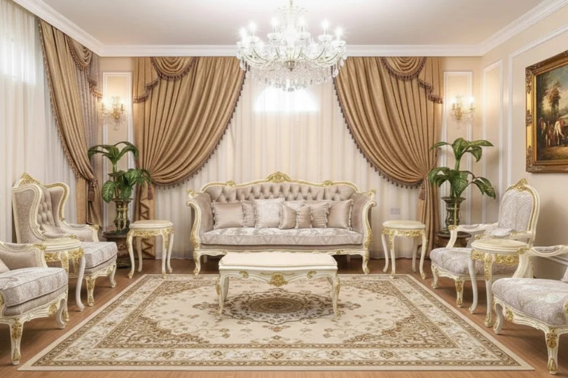 Ornate Sculpted Gold-Trimmed Seating in Royal Blue & Pearl White Arrangement