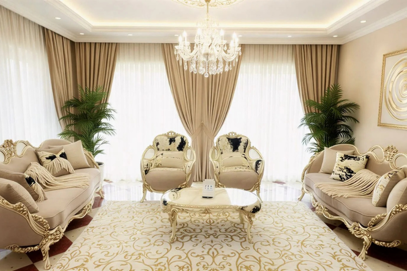 Premium Beige & Gold Luxury Sofa Set with Elegant Curved Frames