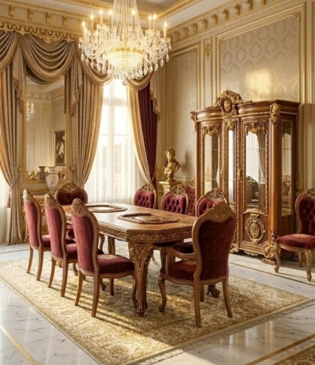 The Imperial Walnut & Crimson Velvet Dining Suite
