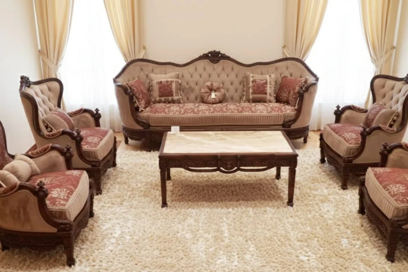 Premium Traditional Living Room Collection | Ornate Tufted Fabric & Wood