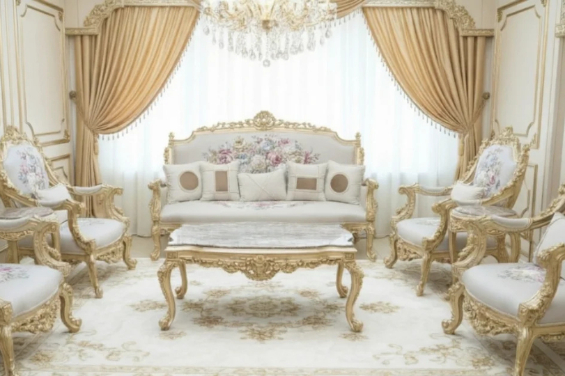 Royal Mint Green & Gold Victorian Sofa Set with Ornate Hand-Carvings