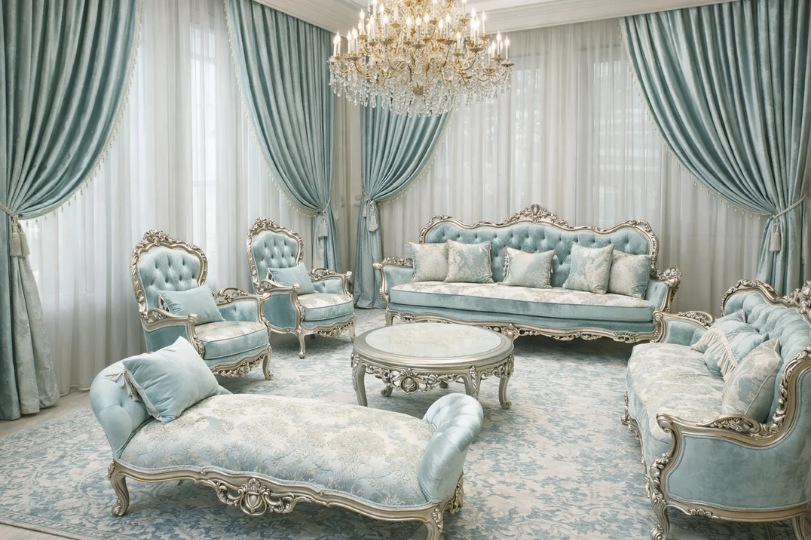 Elegant Sky Blue & Silver Carved Sofa Set with Matching Chaise Longue