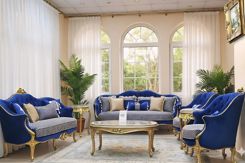 Stylish Royal Blue Velvet Sofa Set with Gold Accents & Arched Windows