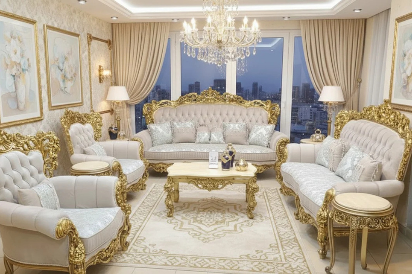 Elegant Sky Blue & Silver Carved Sofa Set with Matching Chaise Longue