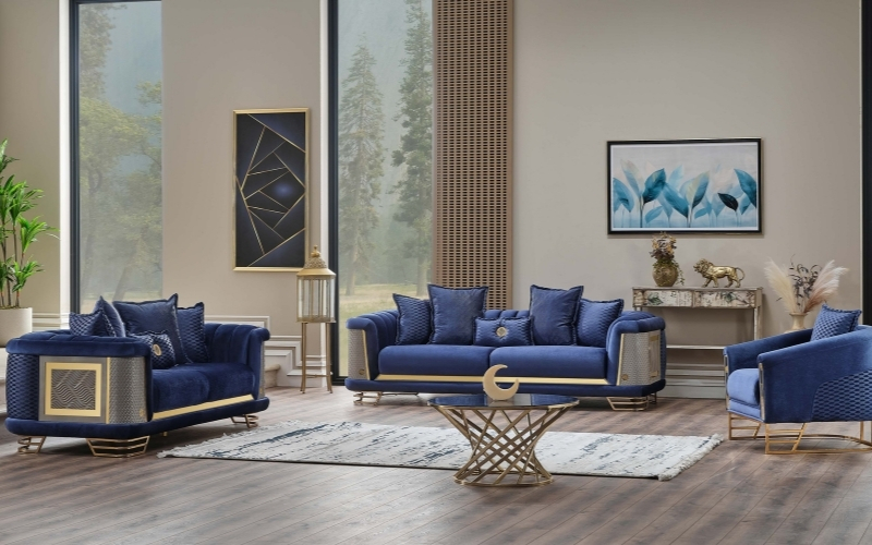Romans 3-pieces (Sofa & Loveseat & Chair) Livingroom Set Navy Blue