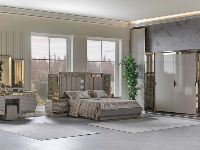 Gokce Bedroom (Queen Frame With Headboard & Dresser With Mirror & Ottoman & 2 Nightstand)