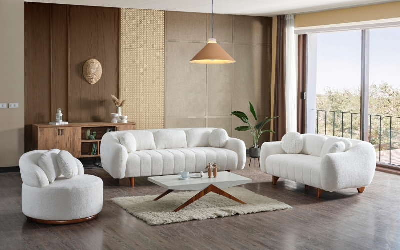 Snowy 3-pieces (Sofa & Loveseat & Swivel Chair) Livingroom Set Cream