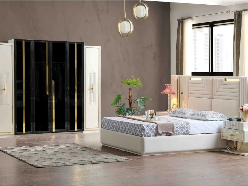 Marsel Bedroom (Queen Frame With Headboard & Dresser With Mirror & Ottoman & 2 Nightstand)