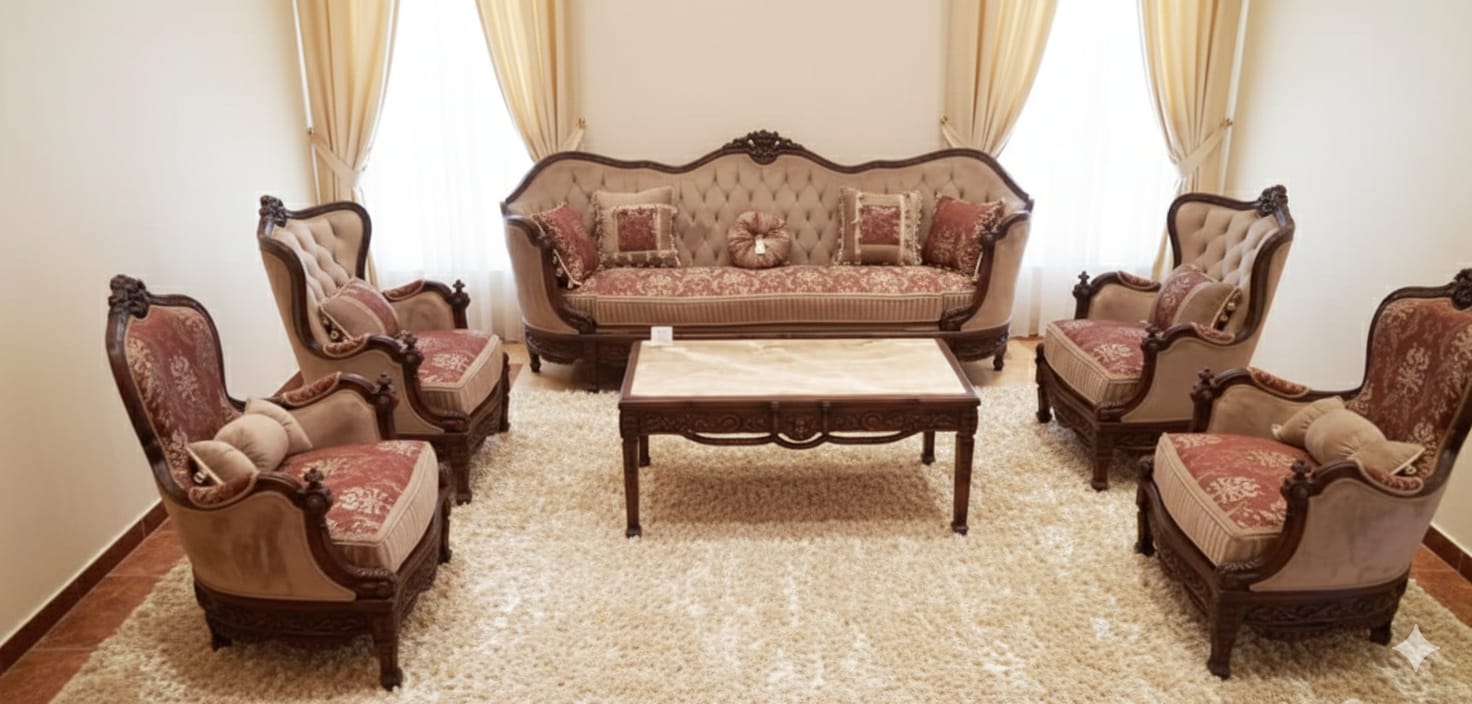 Premium Traditional Living Room Collection | Ornate Tufted Fabric & Wood