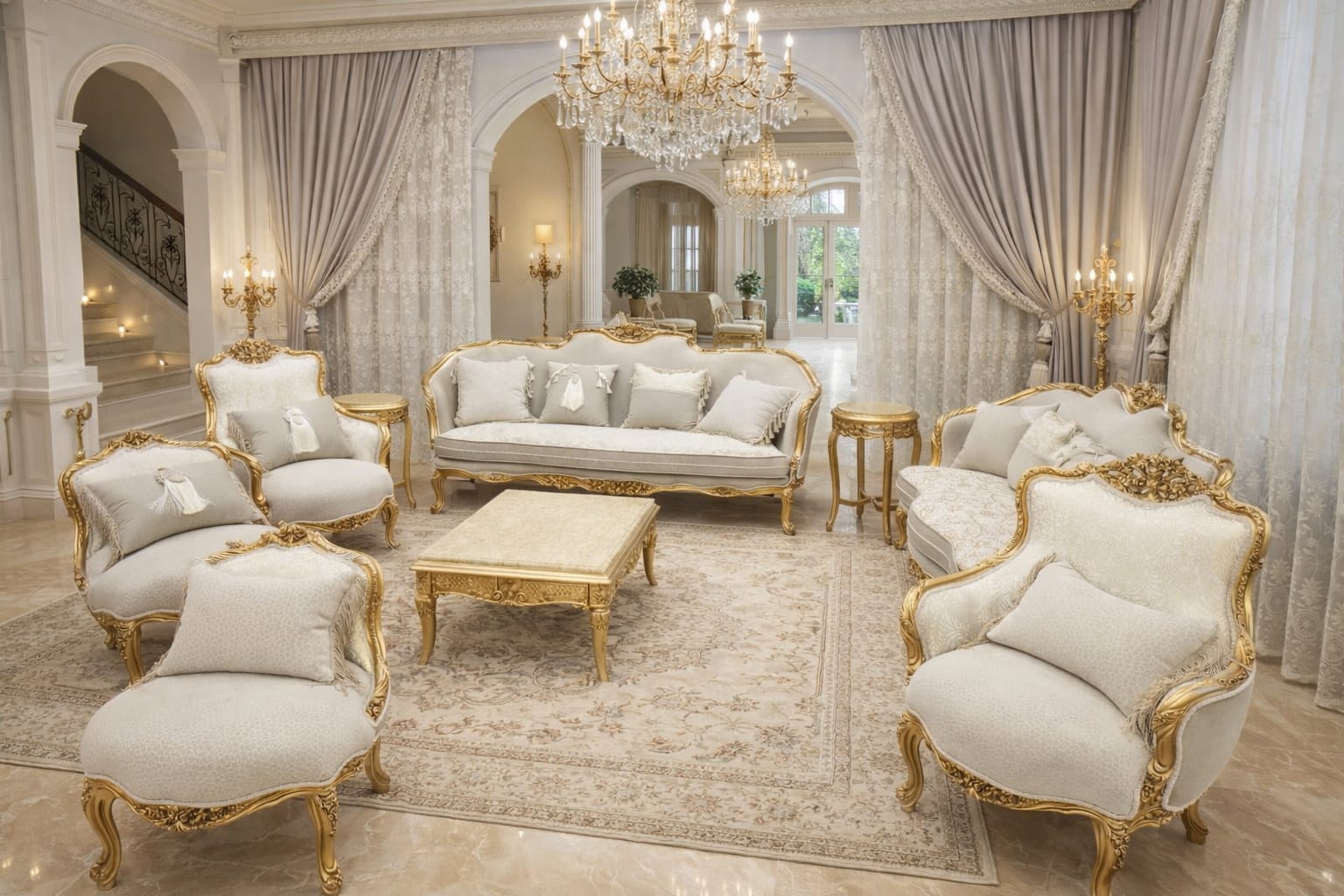 Classic Champagne & Gold Luxury Sofa Set for Formal Drawing Rooms