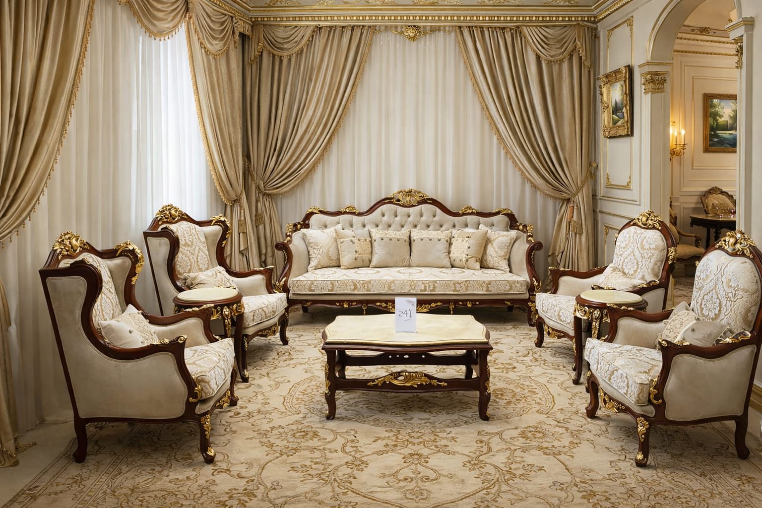 Grand Traditional Living Room Set | Hand-Carved Royal Mahogany & Gold Accents