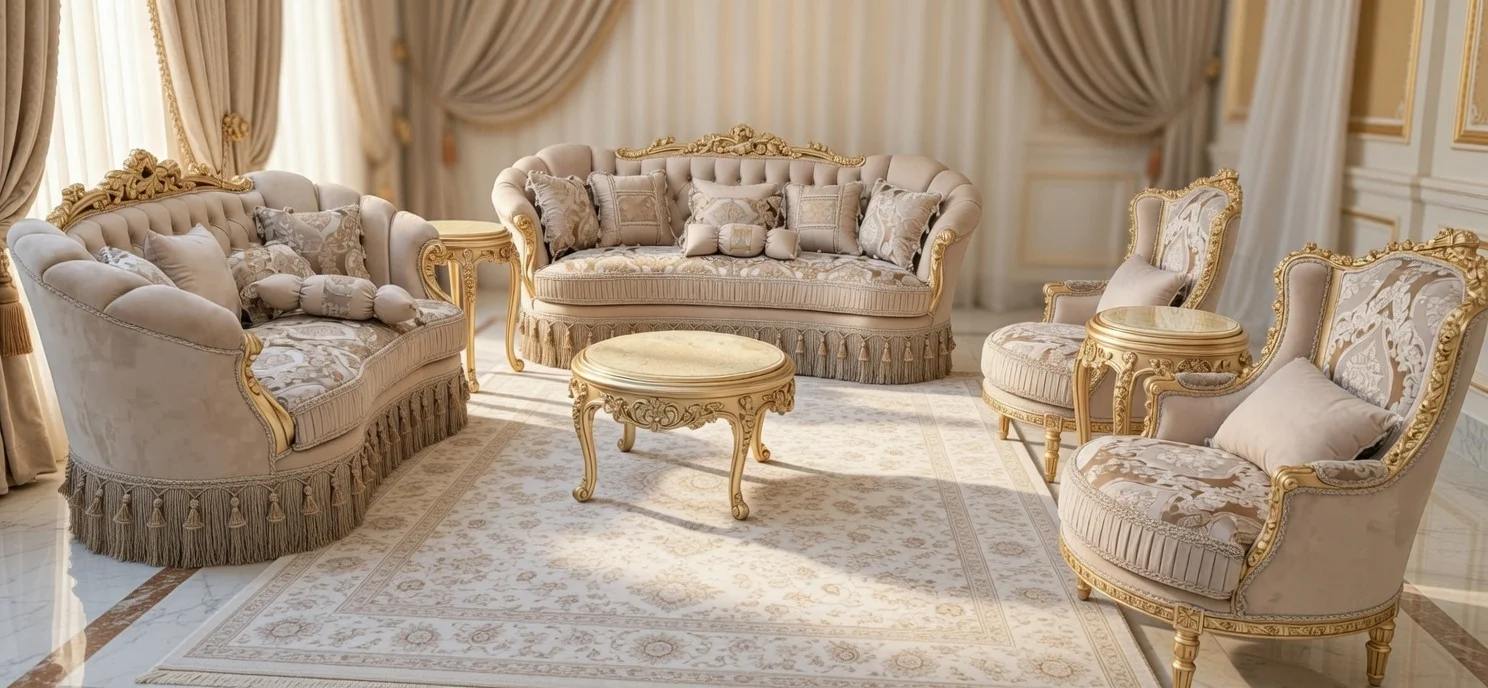 Grand Traditional Living Room Set | Luxury Gold-Leaf & Tufted Cream Velvet