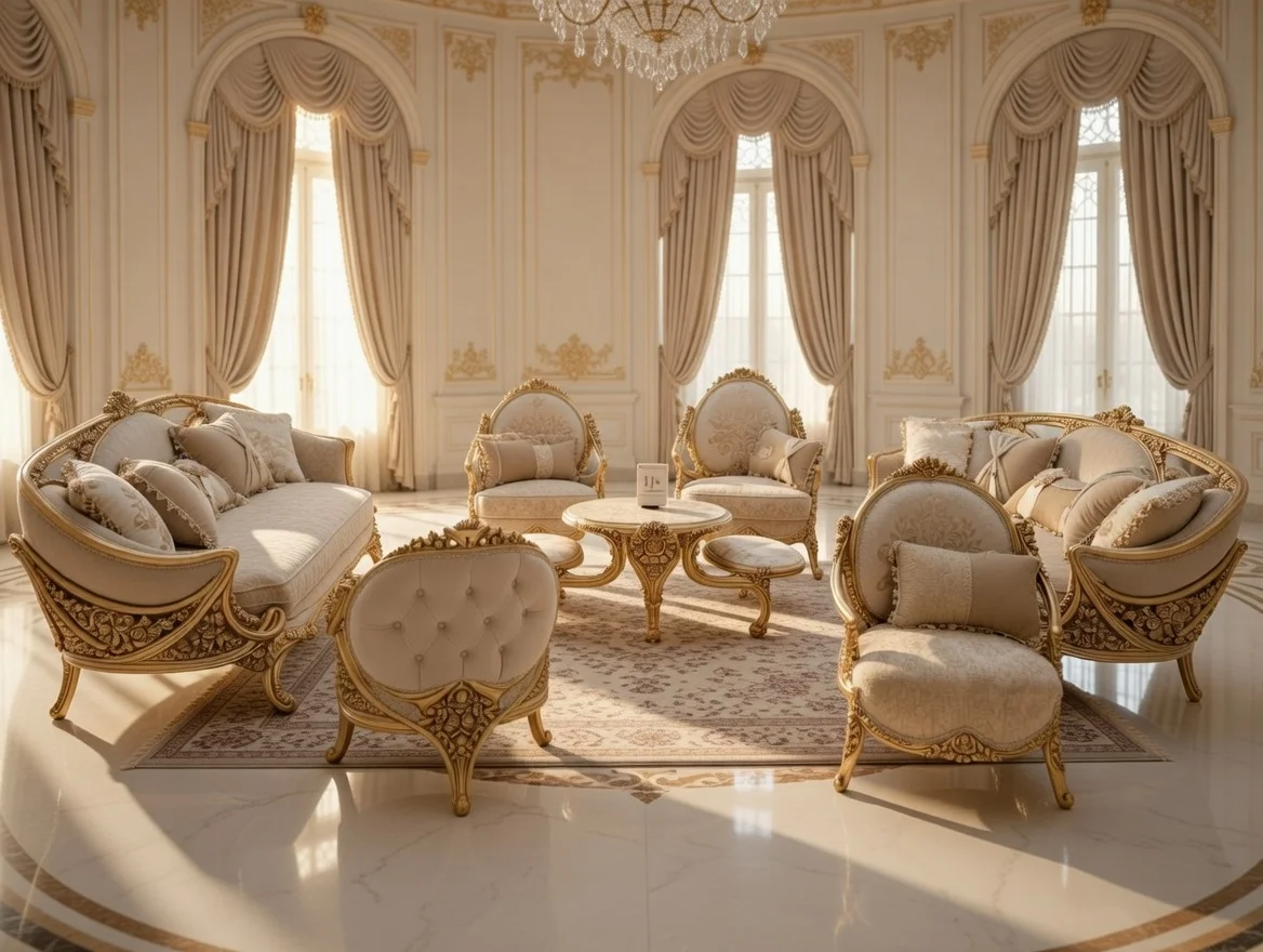 Luxury Traditional Living Room Set | Elite Antique Gold & Curved Royal Sofas