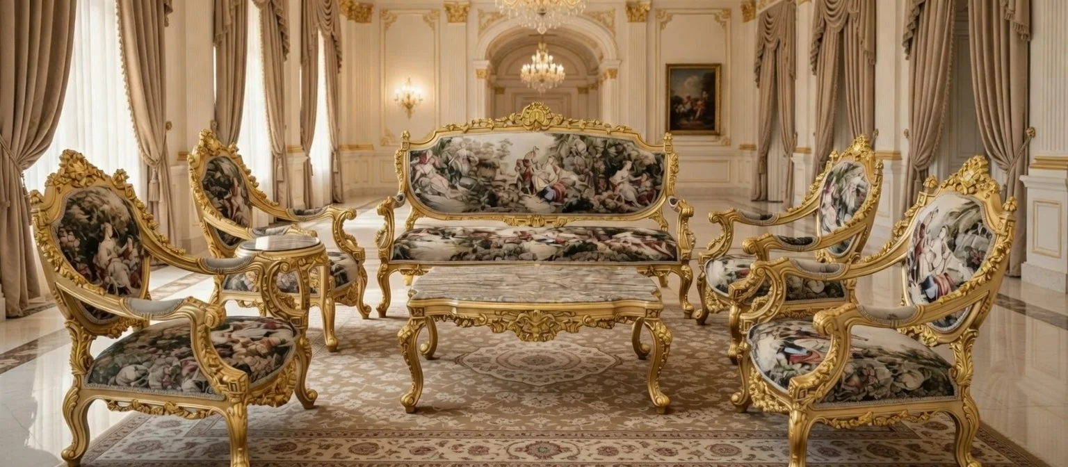 Majestic Traditional Living Room Set | Imperial Gold-Leaf & Baroque Curved Sofas