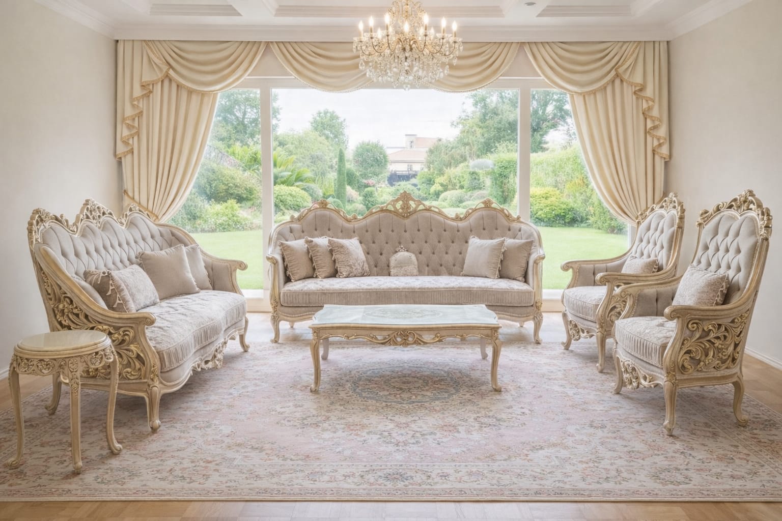 Hand-Carved Ivory & Champagne Gold Silhouettes with Luxury Floral Tapestry Upholstery