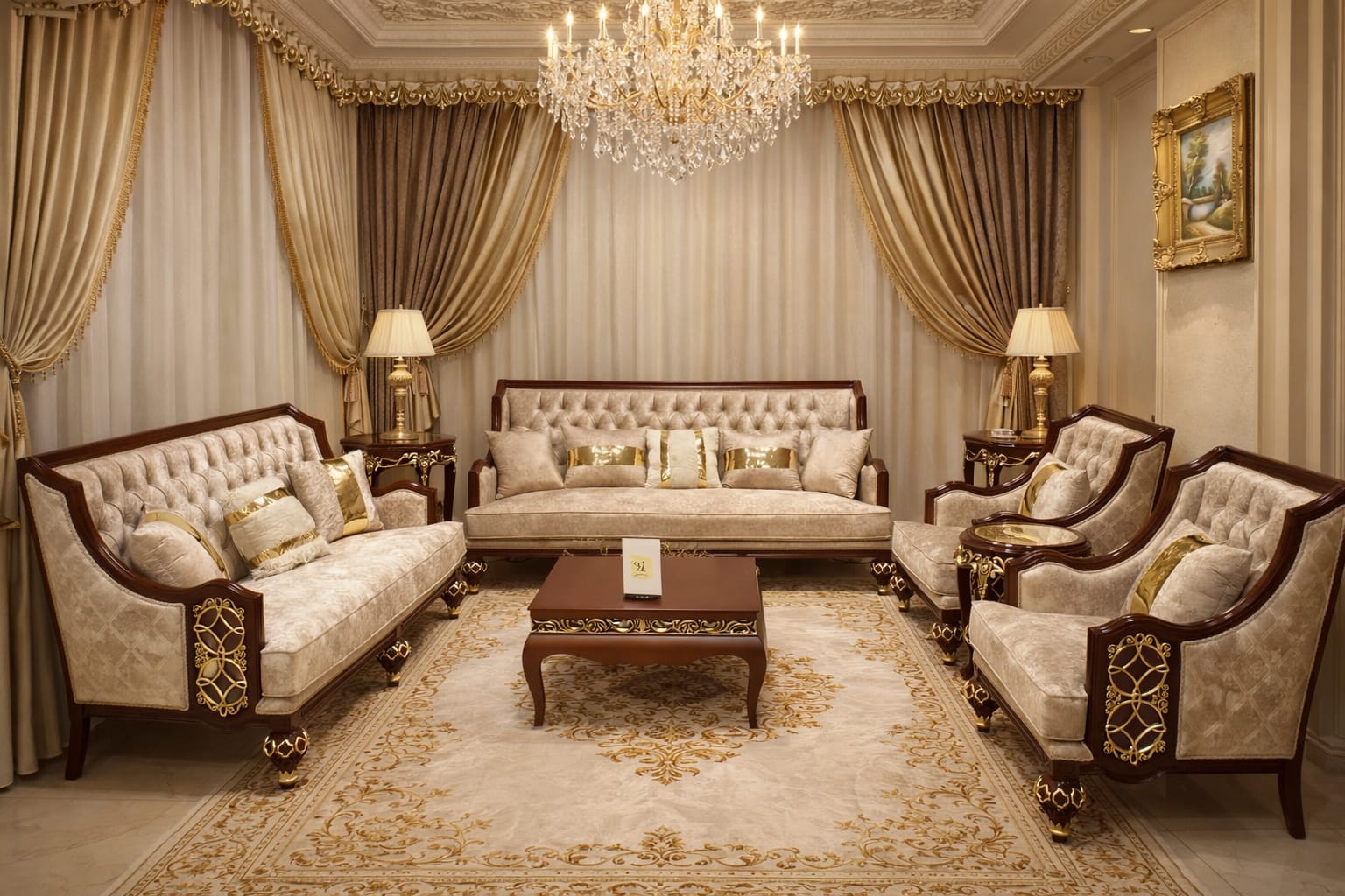 Gilded Architectural Gold-Leaf Sofa Set in Champagne Silk & Baroque Curvature