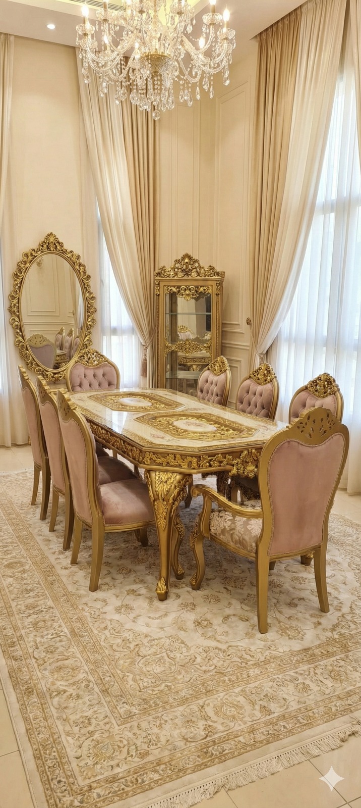 Victorian Rose & Antique Gold Dining Set – 8-Piece Hand-Carved Baroque Masterpiece