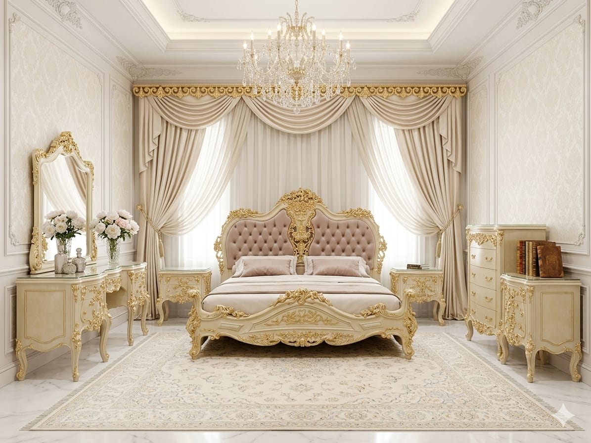 Graceful Rococo Bedroom Suite (Champagne Gold & Blush Velvet Edition)