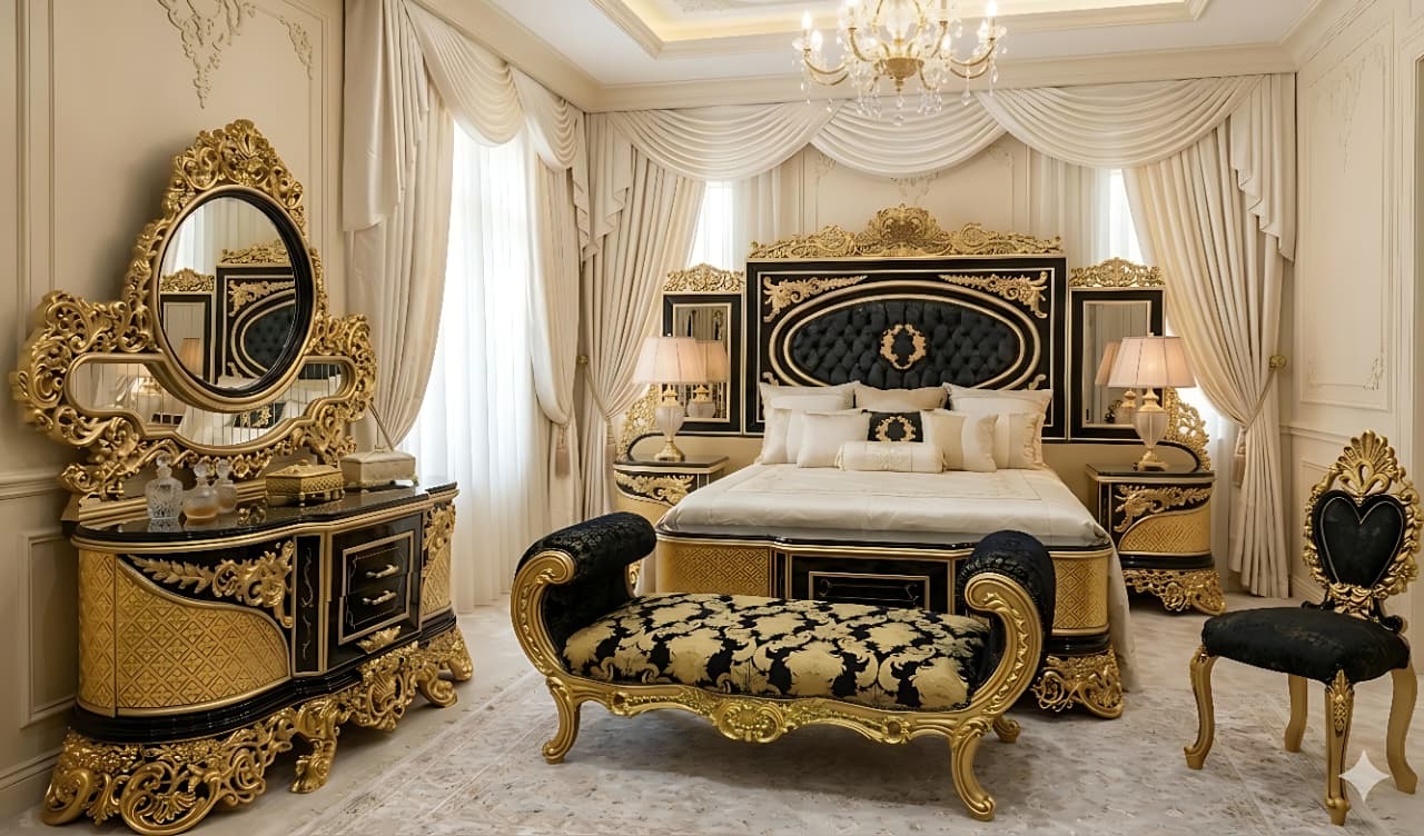 Royal Majestic Bedroom Suite (Premium Gold & Midnight Black Finish)