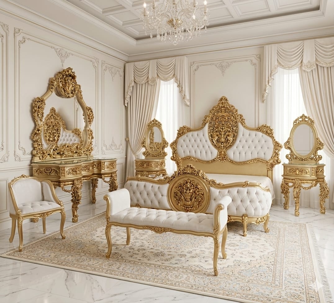 Royal Regency Bedroom Suite (Antique Gold & Diamond Tufted Pearl)