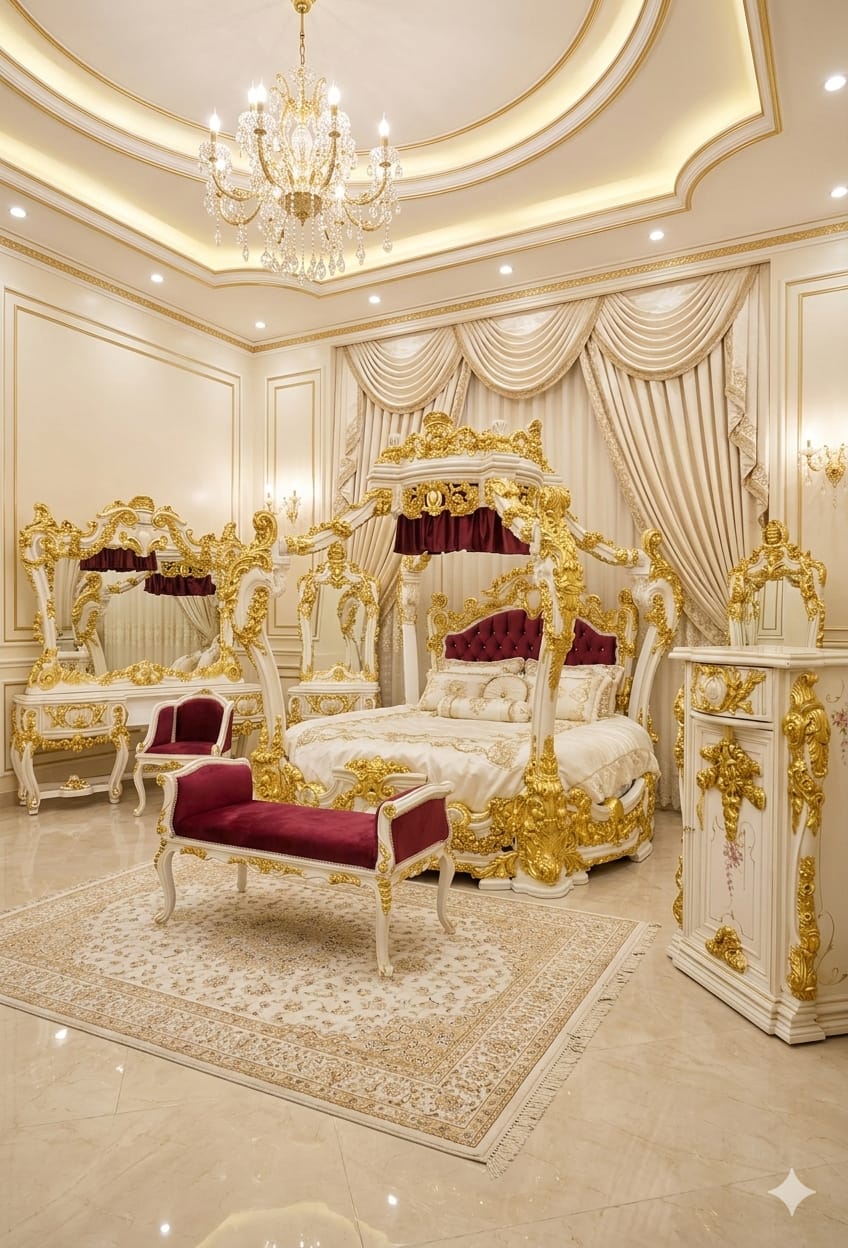 Grand Versailles Canopy Bedroom Suite (Royal Burgundy & Gold Edition)