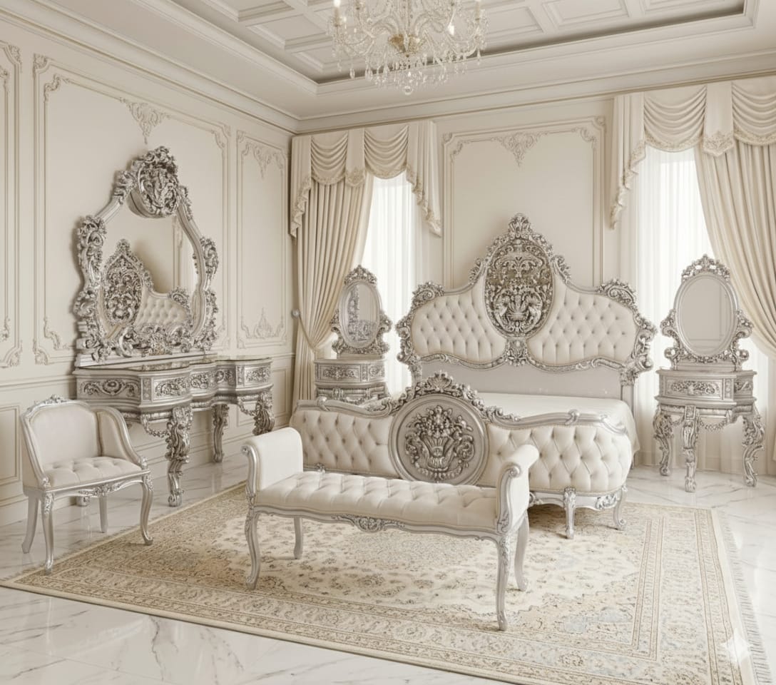 Majestic Silver-Leaf Bedroom Suite (Tufted Pearl & Antique Chrome Finish)