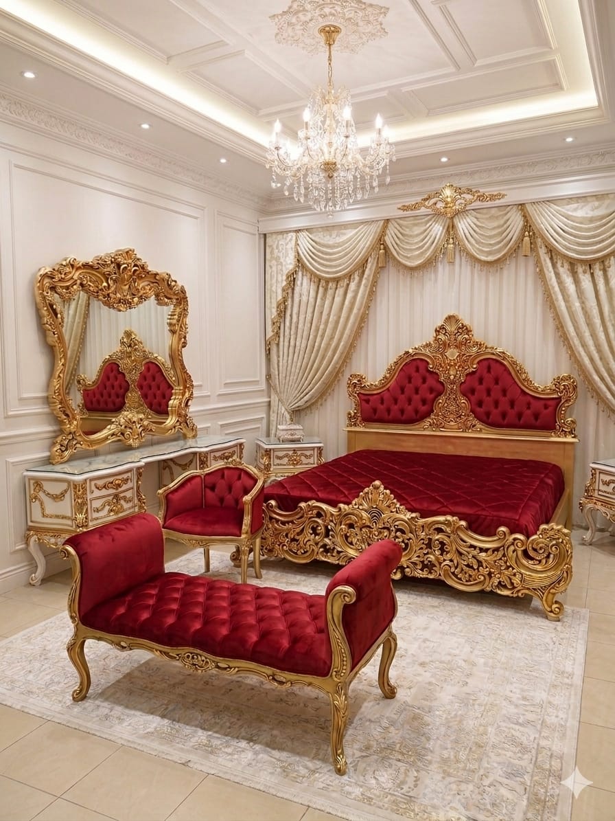 Grand Crimson & Gold Royal Bedroom Suite (Exquisite Baroque Edition)